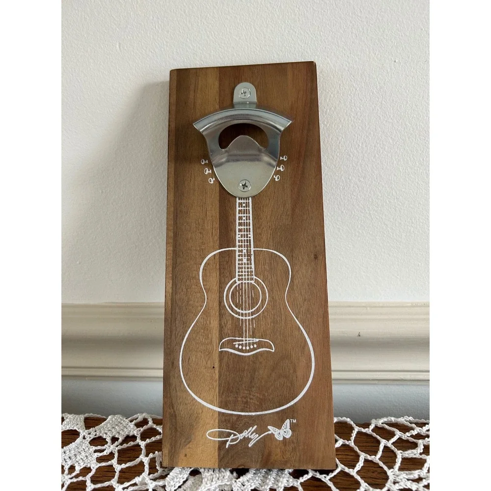 NWT Dolly Parton Wood Wall Mounted Bottle Opener Acoustic Guitar Butterfly Logo